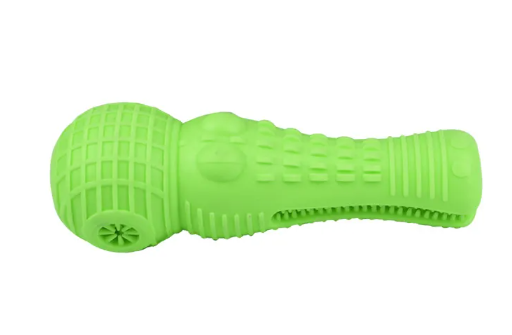 Gnawby toothbrush-shaped dental chew for dogs, green, showing the ridged bristle surface